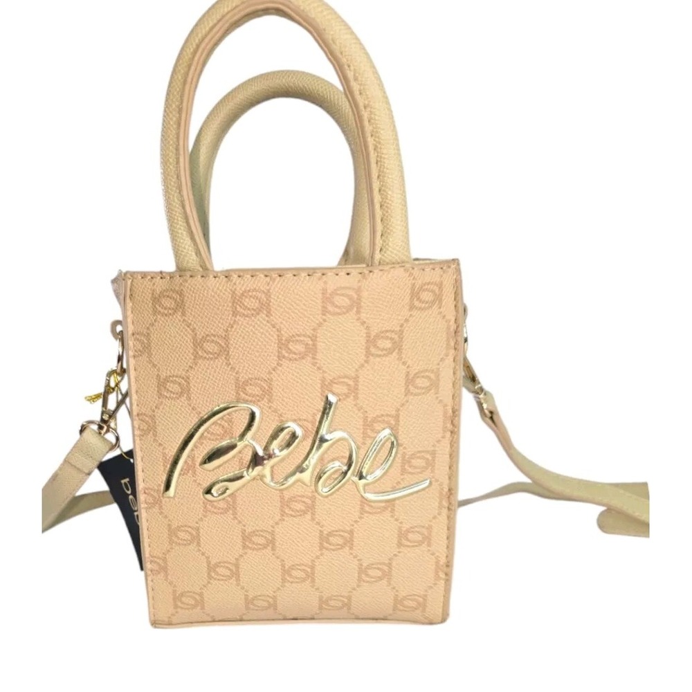 NEW Bebe Gianna Crossbody Purse Satchel‎ Handbag Beige Faux Leather Handles NWT